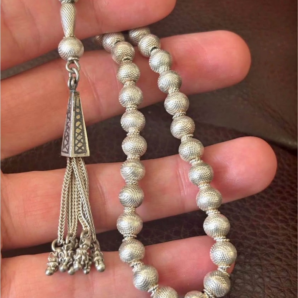 Antique 1930 worry Beads sterling silver misbaha Subha chased  rare find